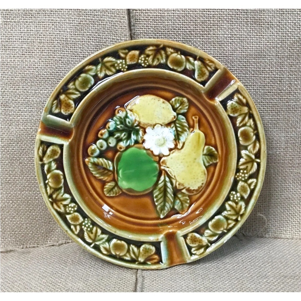 Vintage Embossed Fruit Ceramic Ashtray Trinket Dish Brown Boho 70s Retro Classic